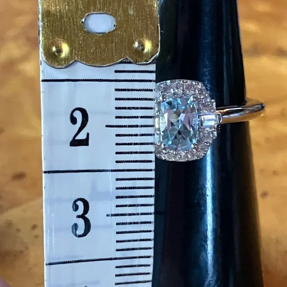 Natural Aquamarine Sterling Silver Halo Ring Size 6